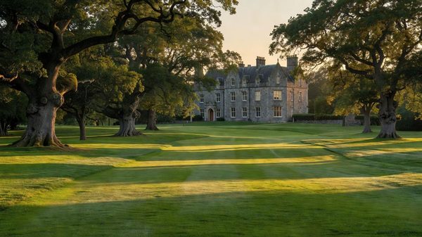 Grand manor house golf clubhouse surrounded by mature trees and parkland fairway in Ireland