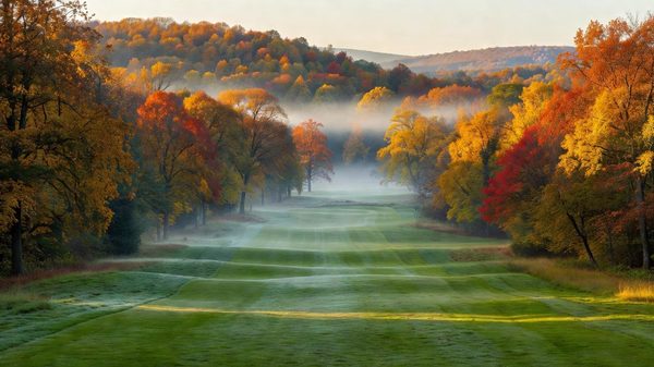 Forested Ardennes golf course fairway in autumn with orange and gold tree canopy