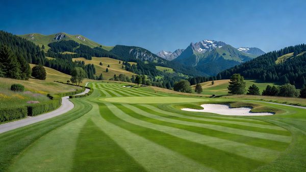 Manicured golf fairway with Alpine foothills visible in the distance on a clear summer day