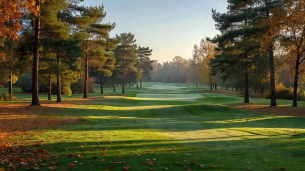 Tree-lined parkland golf fairway with pines and a rolling green on a clear autumn morning in Belgium